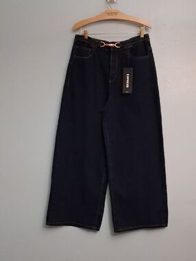 Express Size 12 Women's Wide-Leg High-rise Dark Blue Jeans with Gold-Tone Buckle